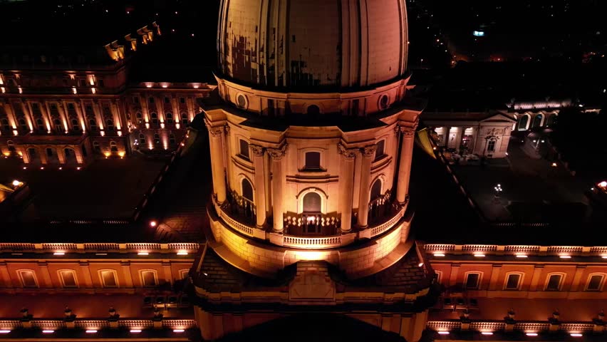 Aerial and drone view of Buda Castle at night, Budapest, Hungary