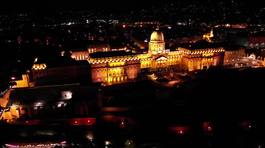 Aerial and drone view of Buda Castle at night, Budapest, Hungary