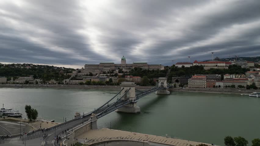 Aerial and drone view of the Széchenyi Chain Bridge, Danube river and Buda Castle, Budapest, Hungary