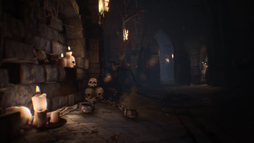 Dungeon, Crypt, Skulls, Candles, Skeletons 3D Animations Rendering CGI 4K Royalty-Free Stock Footage #3441415645