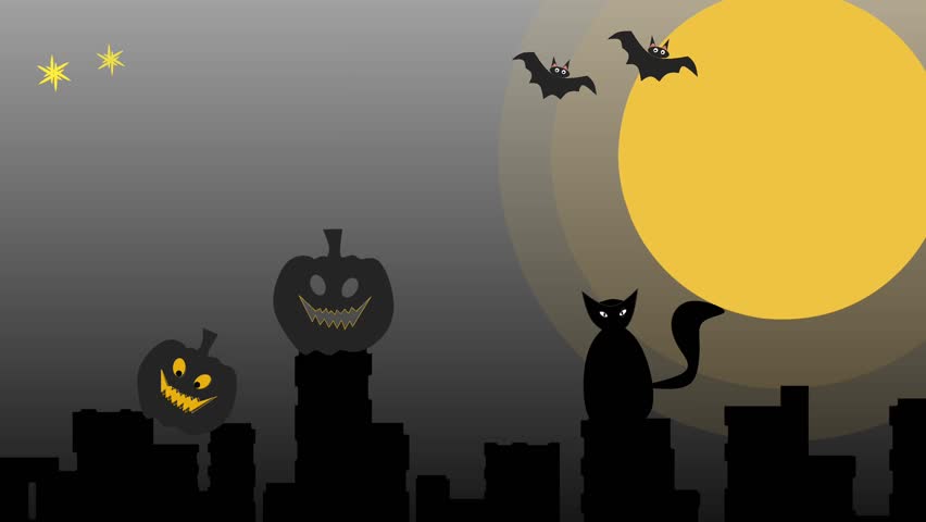 Animation of pumpkins, bats, black cats active under the full moon.