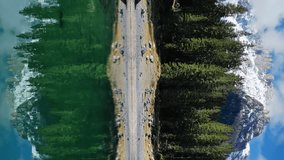 Aerial view of Karersee lake with mountain and forest, Lago di Carezza, Dolomites, Italy. Vertical video - Powered by Shutterstock - Get 15% off with code: PIKWIZARD15