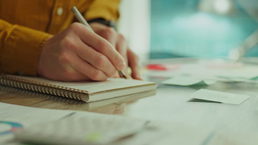 In a creative office, analytics employees actively use notebooks to organize information. A professional business audit is carried out by a male analyst who makes handwritten notes in his diary Royalty-Free Stock Footage #3441430111