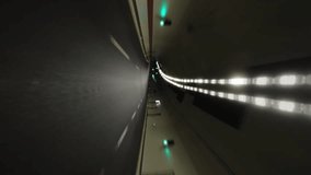 POV fast car driving in tunnel on the highway. Vertical video