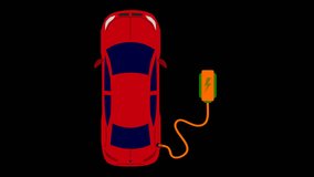 This is a stock motion graphic video of a charging electric car battery at EV power station illustration that loops on transparent alpha channels for easy drag and drop.