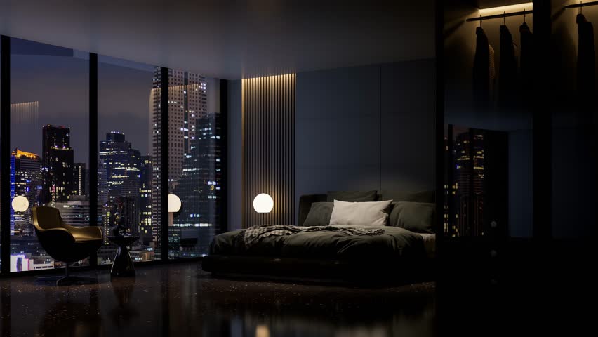 Amination of modern style luxury black master bedroom with city view in the night 3d render, There are black terrazzo floor decorated wall with hidden light, furnished with black fabric bed Royalty-Free Stock Footage #3441557965