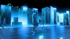 Multiple digital human figures walking in a virtual stock market environment with glowing financial charts and indicators. - Powered by Shutterstock - Get 15% off with code: PIKWIZARD15