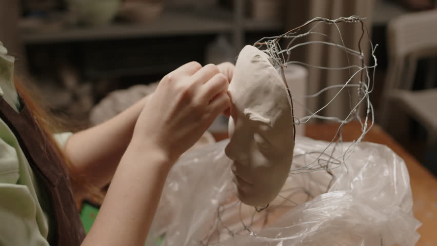 Cropped shot of unrecognizable sculptor bending armature wires while shaping form of human skull, making female bust in workshop Royalty-Free Stock Footage #3441622739