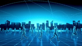 Abstract digital representation of human figures interconnected with lines in a virtual cityscape background. - Powered by Shutterstock - Get 15% off with code: PIKWIZARD15