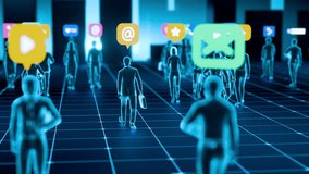 Abstract digital human figures interacting with social media icons in a virtual grid environment. - Powered by Shutterstock - Get 15% off with code: PIKWIZARD15