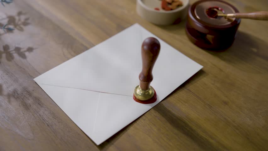 Pressing a wax seal. Hands sealing a letter with hot red wax to seal or sign on envelope.