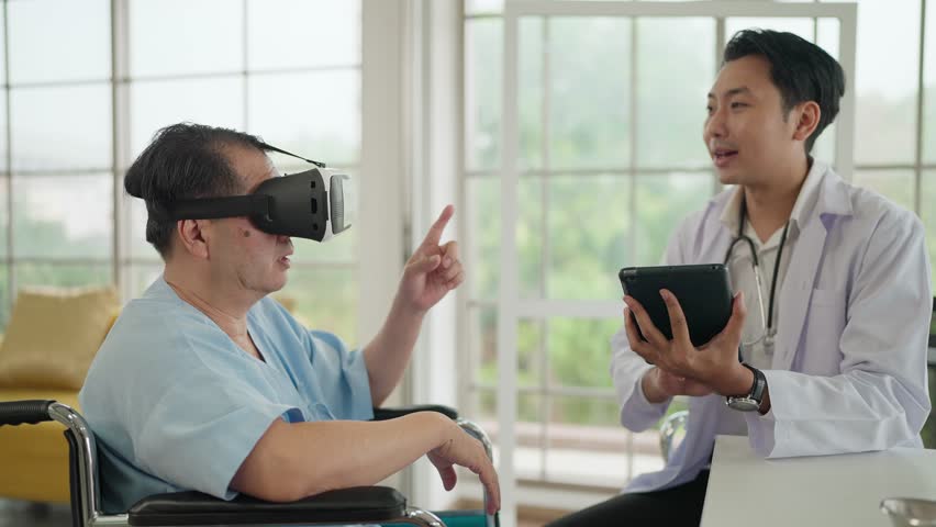 Senior man patient in wheelchair wearing virtual reality glasses while talking with doctor about explaining illness on digital tablet at hospital. Technology, Entertainment, Future medicine gadgets - Powered by Shutterstock - Get 15% off with code: PIKWIZARD15