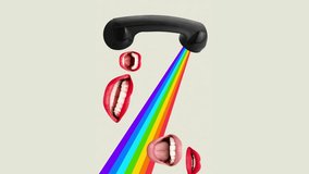 Female lips talking retro phone on light background. Modern design, contemporary creative art. Inspiration, idea, trendy magazine style, fashion and style. Stop motion and animation. Vertical layout. - Powered by Shutterstock - Get 15% off with code: PIKWIZARD15