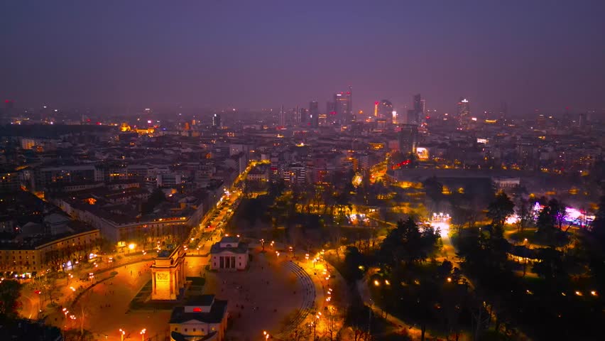 Sunset Serenity Aerial Views of Milan City. Arco della Pace. Italy, Milan, Lombardia 