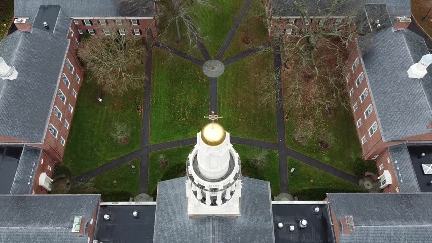 Aerial Image: Yale university, Divinity school seen from above. New England architecture. New Haven, Connecticut, USA - Fall 2023