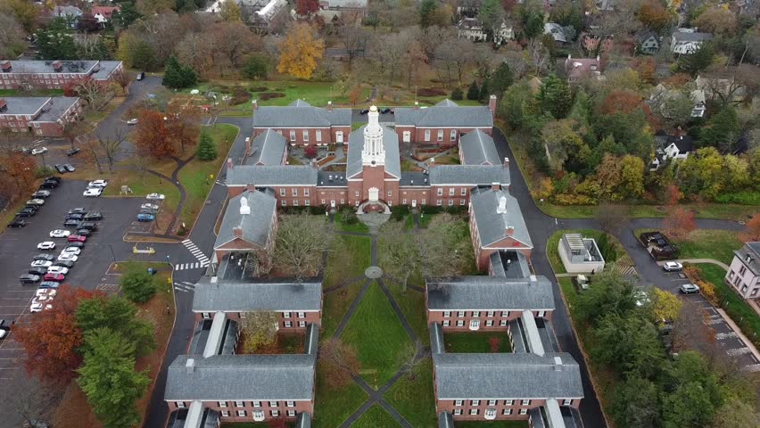 Aerial Image: Yale university, Divinity school seen from above. New England architecture. New Haven, Connecticut, USA - Fall 2023