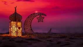 Ramadan Mubarak video, Traditional lantern lamp with crescent moon on the beach at sunset, Ramadan Kareem greeting animation clip, 2024 Ramadan  4k video