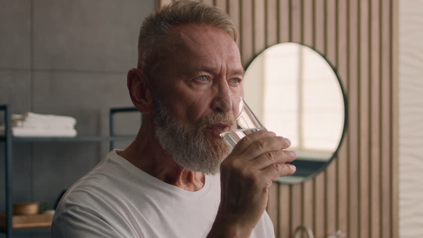 Sick ill old Caucasian man drink remedy vitamin complex in morning middle-aged senior mature male pensioner medicine treatment drug painkiller at home drinking water remedy dose medical supplement