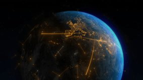 Animation of the Earth, a network of technology and communication that links the planet. Moving lines and vectors depict data transfer, messaging, trade, flying, and travel routes.  - Powered by Shutterstock - Get 15% off with code: PIKWIZARD15