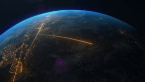 Abstract animation of the Earth planet, technology, trade, travel. Moving lines represent internet connectivity, messaging, and data transfer visualization. 3D globalization concept motion graphics. - Powered by Shutterstock - Get 15% off with code: PIKWIZARD15