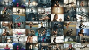 Athletes' collage video featuring men and women working out with dumbbells, barbells, ropes, pull-up bars, kettlebells, cable machines, including push-ups, abs exercises, and warm-up activities