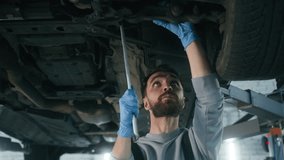 Car service station Caucasian mechanic man repair auto truck at workshop repairman engineer working underneath lifting vehicle at garage repairing fixing car with wrench tool automobile maintenance - Powered by Shutterstock - Get 15% off with code: PIKWIZARD15