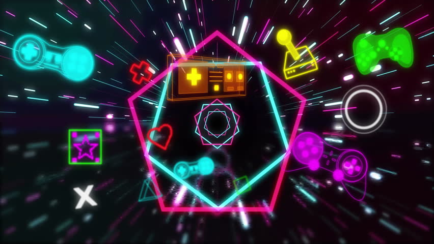 Animation of level up text over neon video game icons on black background. Global video game, digital interface, communication, computing and data processing concept digitally generated video. - Powered by Shutterstock - Get 15% off with code: PIKWIZARD15