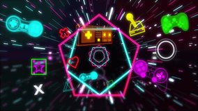 Animation of level up text over neon video game icons on black background. Global video game, digital interface, communication, computing and data processing concept digitally generated video. - Powered by Shutterstock - Get 15% off with code: PIKWIZARD15