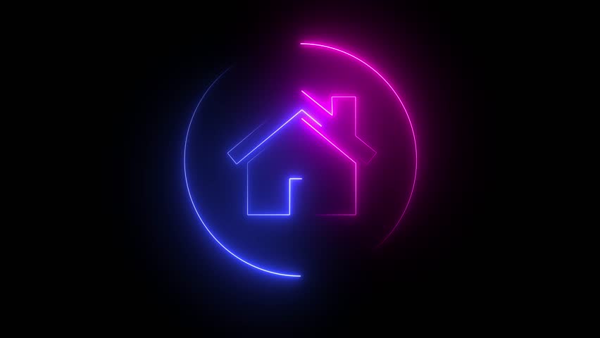 Glowing neon line Map pointer with house icon isolated on black background. Home location marker symbol.