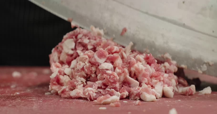 Close-up professional chef prepares minced meat with a big knife or axe. Handmade minced meat for kebab or patty Royalty-Free Stock Footage #3442144685