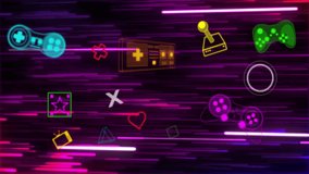 Animation of neon video game icons on black background. Global video game, digital interface, communication, computing and data processing concept digitally generated video. - Powered by Shutterstock - Get 15% off with code: PIKWIZARD15