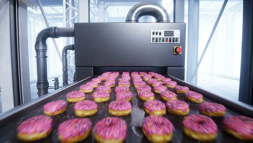 Donuts production line. Factory. Food concept. Realistic 4k animation.