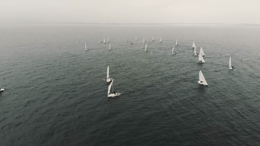 Sloop sailboats make headway into the wind on an overcast day Royalty-Free Stock Footage #3442230179