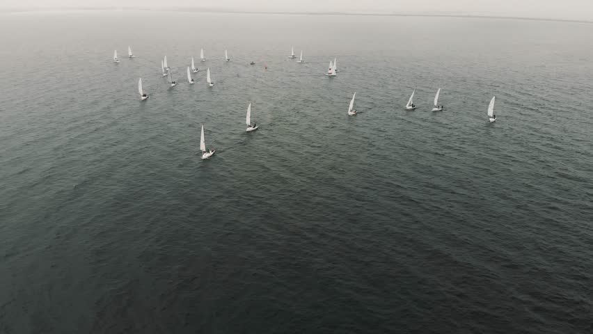 A wide shot of sloop sailboats in competition Royalty-Free Stock Footage #3442230351