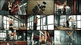 A beautiful collage of 9 frames showcasing a sporty woman performing fitness exercises in a sunlit gym with large windows. The video features exercises with dumbbells, barbells, abs.