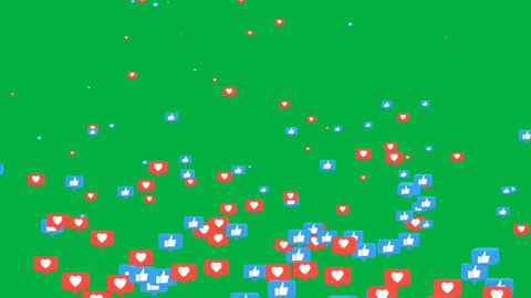 green screen social media emojis of hearts and like animation randomly flying upward and dissapear, for chatting and streaming: film stockowy
