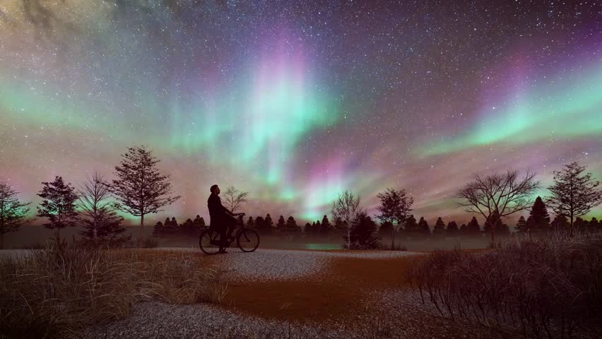 Northern Lights Moving in the Starry Night Sky with a Man Sitting on a Bicycle in Nature Landscape Background with Lake 3d Animation.