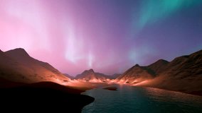 Aurora Borealis on Colorful Sky above Rural Village with Lights near the Lake and Mountains in Snowy Landscape 3D Animation Rendering Northern Lights. - Powered by Shutterstock - Get 15% off with code: PIKWIZARD15