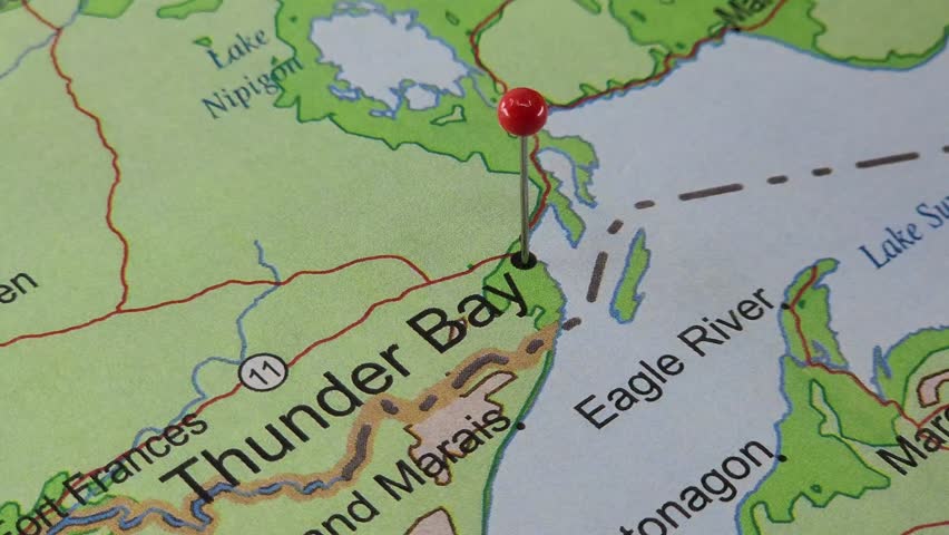 Thunder Bay, Ontario map marked by a red tack. The City of Thunder Bay is the most populous municipality in Northwestern Ontario, Canada.