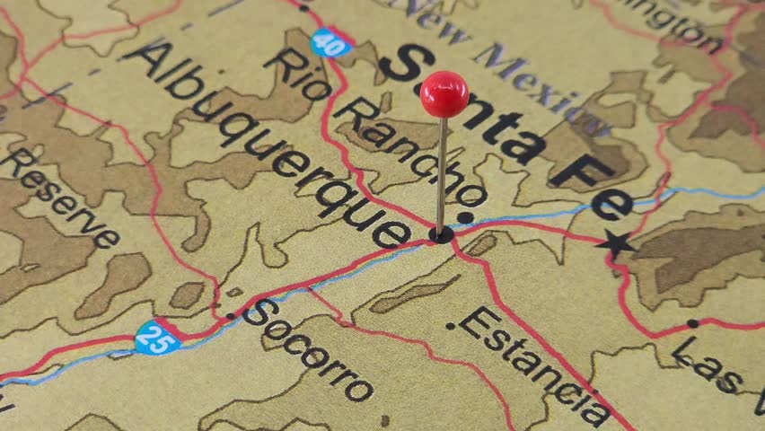 Albuquerque, New Mexico map marked by a red tack. The City of Albuquerque is known as the Duke City and is the most populated city in the state of New Mexico.