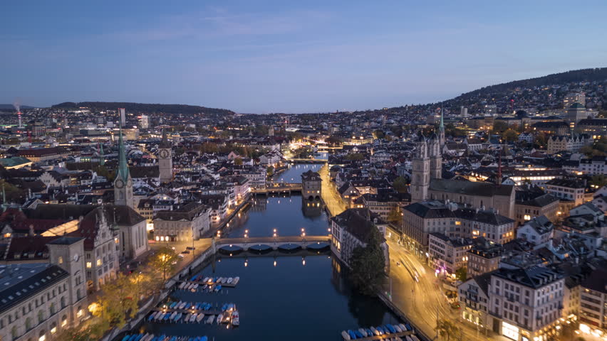 Zurich, Switzerland overlooking the Limmat River at dawn.
