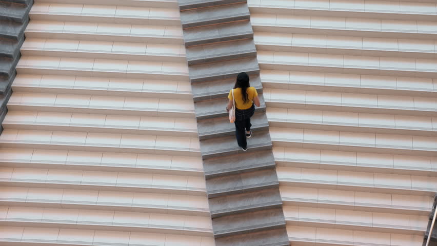 Top high wide angle view Go green Gen Z woman asia young people eco tote bag reuse step walk up down stairs city life save the earth world care. Reduce issues asian hope net zero waste the way forward