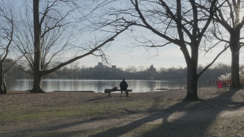 Handheld shot of an unrecognizable man sitting on Prospect Park Lake on a winter afternoon. Royalty-Free Stock Footage #3442527521