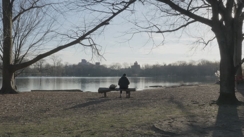 Handheld shot of an unrecognizable man sitting on Prospect Park Lake on a winter afternoon. Royalty-Free Stock Footage #3442531629