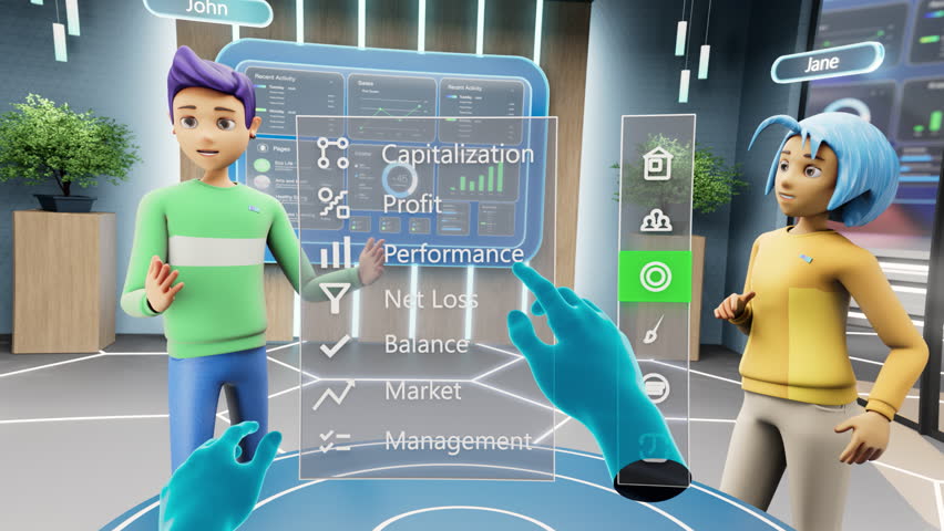 POV of a Person Picking Up and Putting On a Virtual Reality Headset at Home. Person Enters a Metaverse Business Meeting with to Colleagues. Futuristic 3D Internet World with Digital Live Avatars - Powered by Shutterstock - Get 15% off with code: PIKWIZARD15