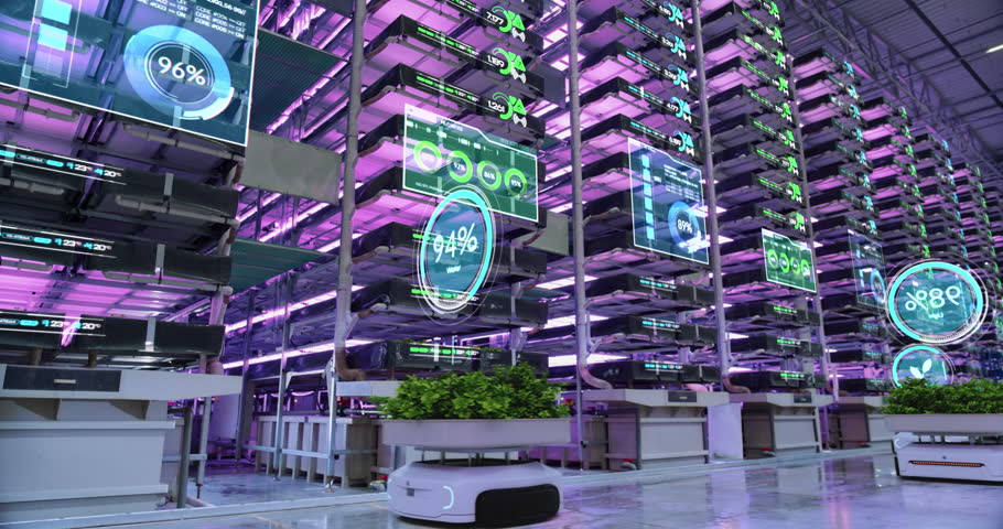 Vertical Farming Facility with Automated Robots: Vehicles Transporting Sustainably Grown Organic Vegetables. Digital Visualization with Stats and Analytics for AI Controlled Hydroponics System