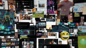 Dark Digital Background with Different Online Services. Demonstration of Messenger Apps, Dating Profiles, Game Streams, Entertainment Viral Videos All Connected in One Social Network Visualization