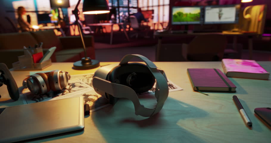 POV of a Person Picking Up and Putting On Virtual Reality Headset in Living Room at Home. Person Enters a Fun Colorful Digital VR World. User Opens a Home Screen Menu with Different Hologram Widgets Royalty-Free Stock Footage #3442558063