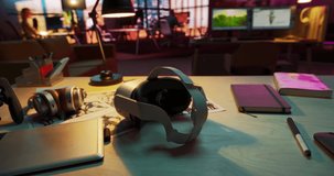 POV of a Person Picking Up and Putting On Virtual Reality Headset in Living Room at Home. Person Enters a Fun Colorful Digital VR World. User Opens a Home Screen Menu with Different Hologram Widgets - Powered by Shutterstock - Get 15% off with code: PIKWIZARD15