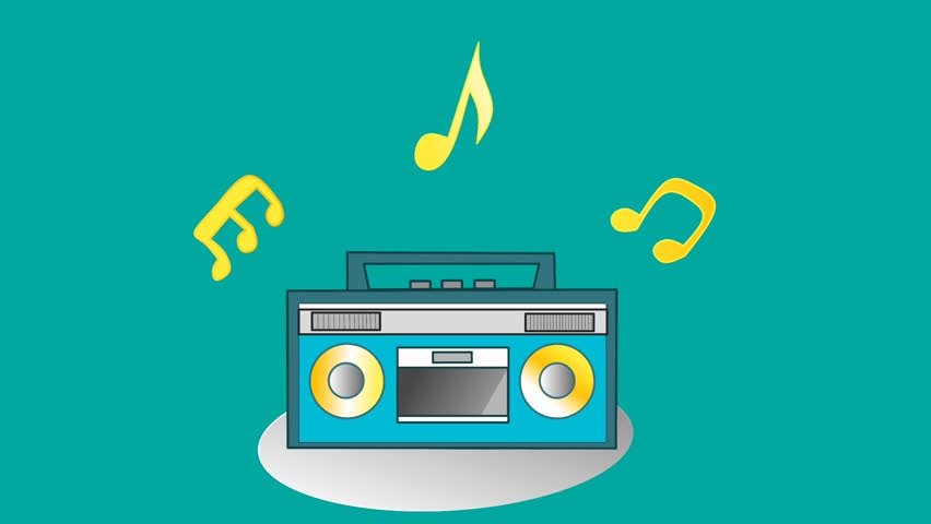 Animated radio with swaying tunes as if playing a melody on a green background. Animation vector illustration of radio.